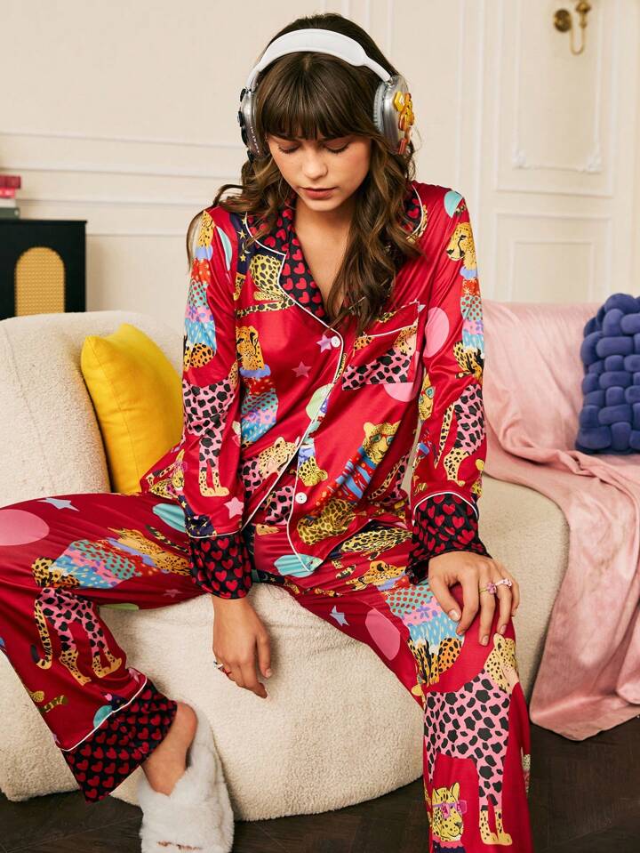 CM-LS590917 Women Trendy Seoul Style Printed Long Sleeve Button Up Top With Pants Pajama Set - Burgundy