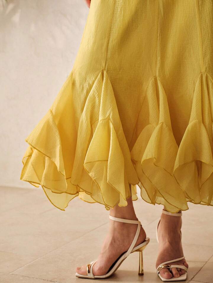 CM-BS938551 Women Elegant Seoul Style Mid Waist Textured Chiffon Layered Ruffle Hem Long Skirt - Yellow