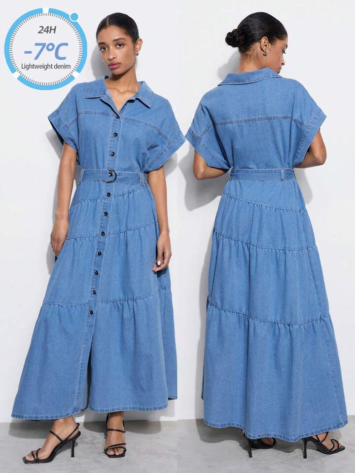 CM-DS583059 Women Casual Seoul Style Medium Wash Collar Neckline Batwing Sleeve Loose Denim Dress