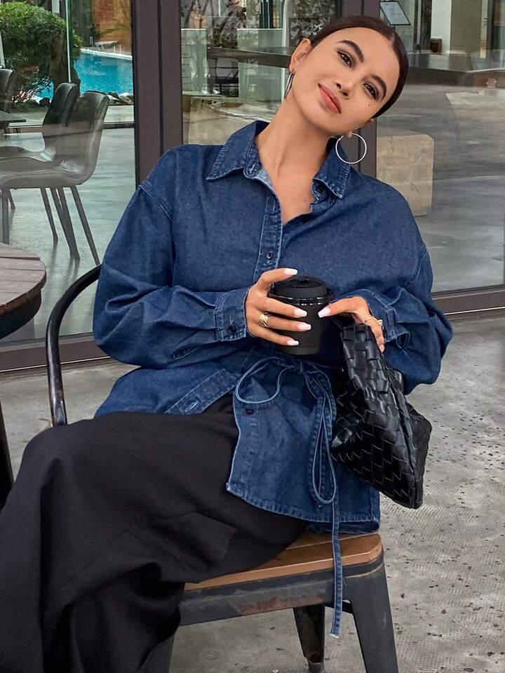 CM-TS761716 Women Casual Seoul Style Solid Color Tie Loose Lapel Long Sleeve Denim Jacket - Blue