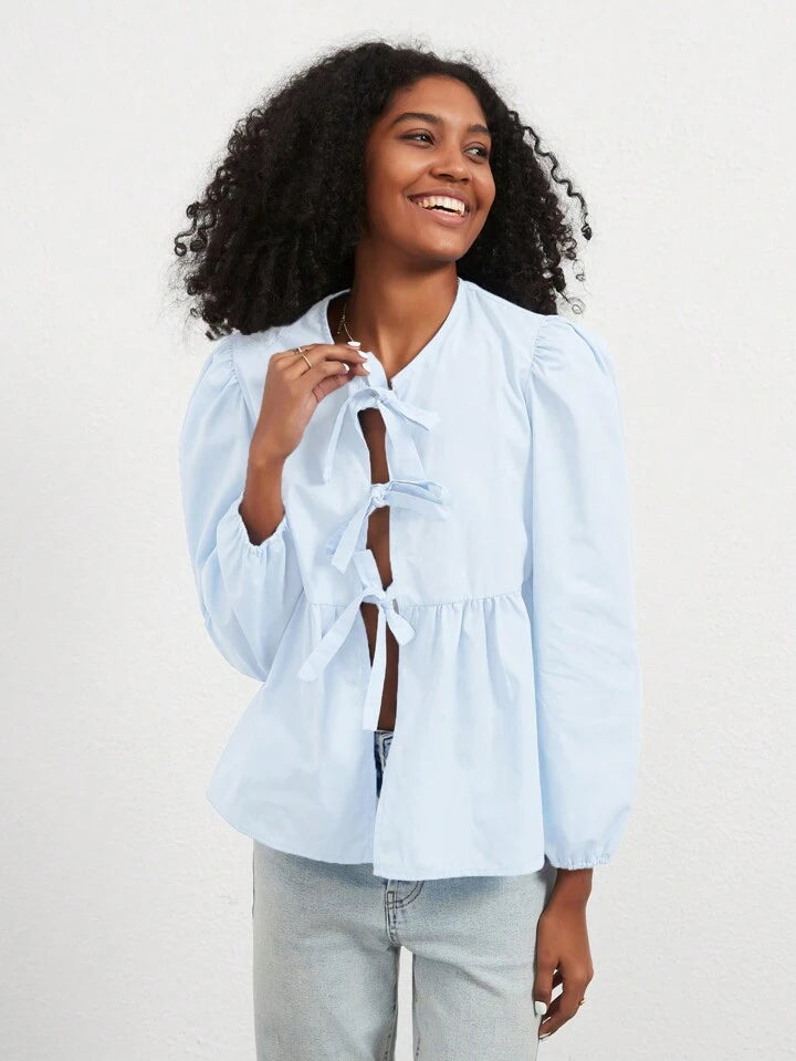 CM-TS617176 Women Casual Seoul Style Print Ruffle Hem Tie Long Sleeve Shirt - Baby Blue