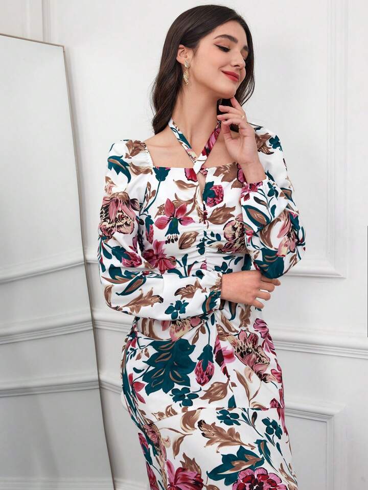 CM-DS944725 Women Casual Seoul Style Printed Halter Neck Long Sleeve Dress