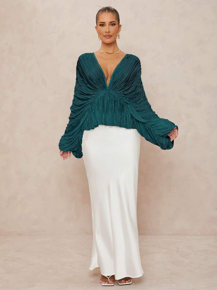 CM-TS230198 Women Elegant Seoul Style Deep V-Neck Long Sleeve Loose Fit Ruffled Hem  Oversized Blouse - Teal Blue