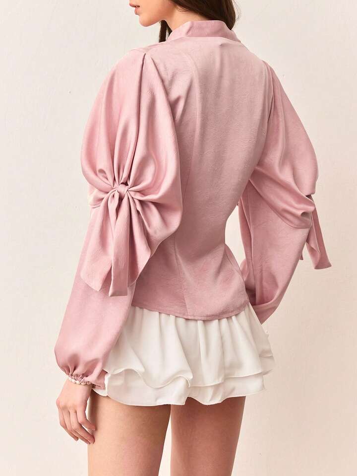 CM-TS111211 Women Elegant Seoul Style Satin Tie Front Long Puff Sleeve Oversized Blouse - Baby Pink