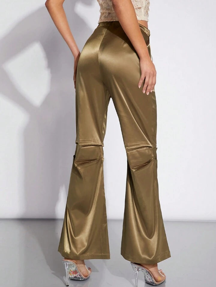 CM-BS322598 Women Elegant Seoul Style Drawstring Waist Pleated Satin Pants - Olive Green