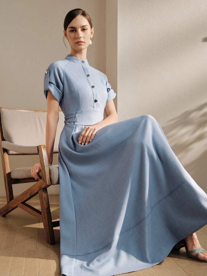 CM-DS020205 Women Elegant Seoul Style Collar Raglan Short Sleeve Waist Gathered Flared Denim Effect Dress - Blue