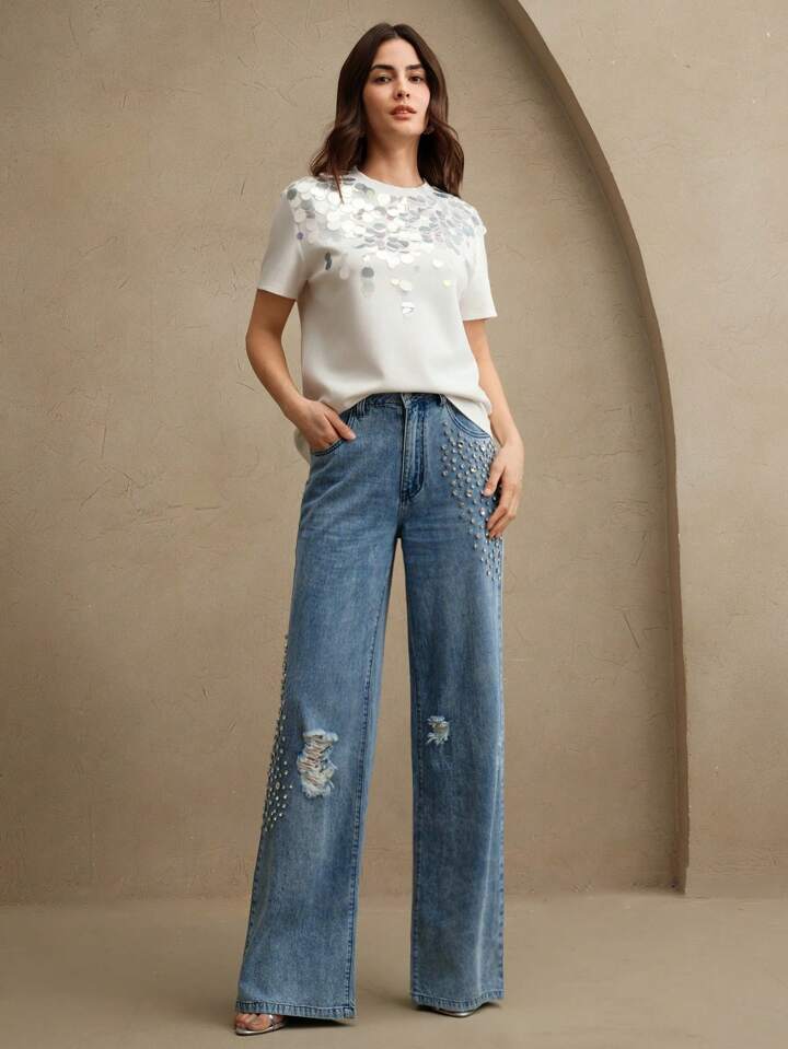CM-BS971997 Women Elegant Seoul Style Mid Waist Rhinestone Studded Straight-Leg Jeans - Blue