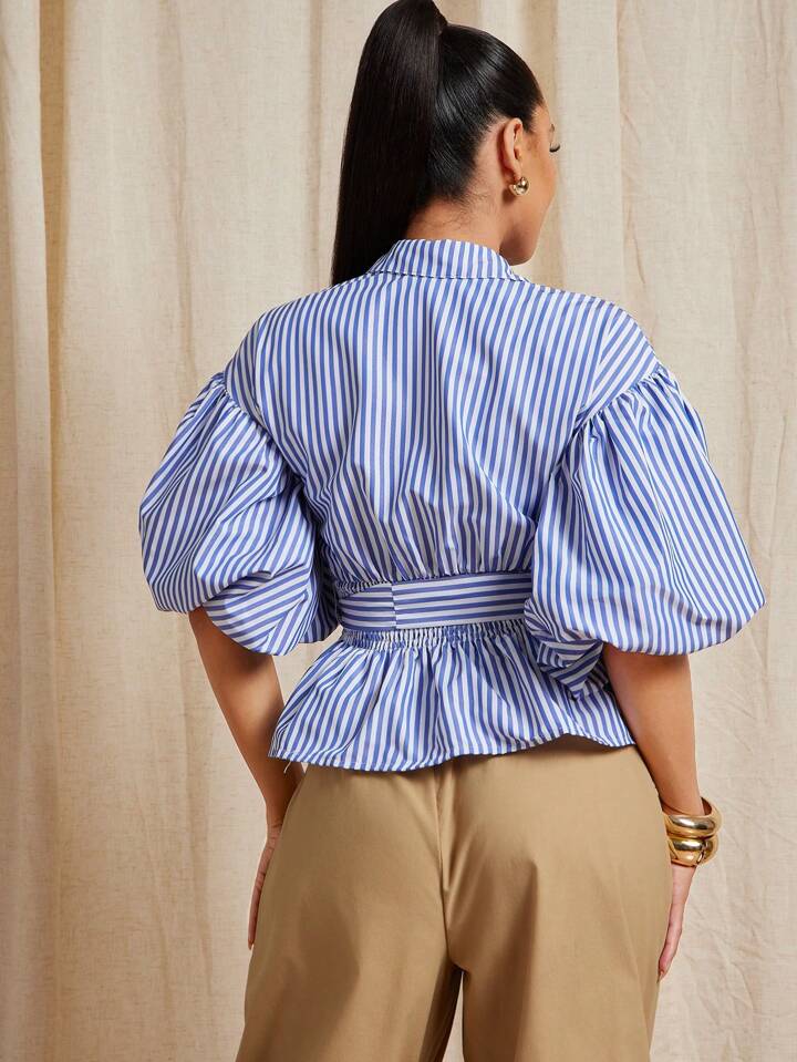 CM-TS598688 Women Elegant Seoul Style Striped Puff Sleeve Shirred Back Button Up Shirt - Blue