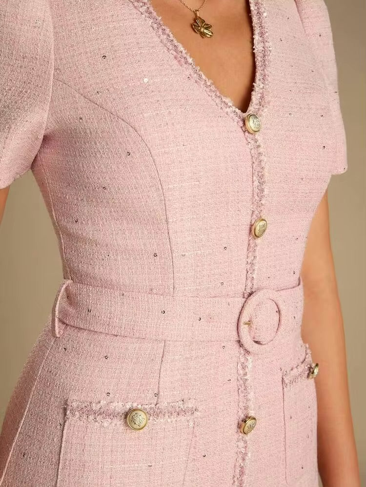 CM-DS427774 Women Elegant Seoul Style V-Neck Short Sleeve Sequin Decoration Belted A-Line Dress - Pink