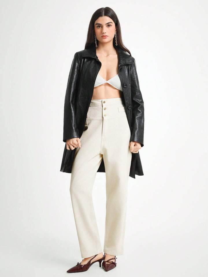 CM-BS240424 Women Casual Seoul Style Ultra High Waist Plain Extra Long Straight Leg Jeans - Beige