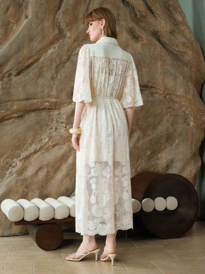CM-DS317369 Women Trendy Bohemian Style Floral Jacquard Collar Neckline Half Sleeve High Waist Shirt Dress