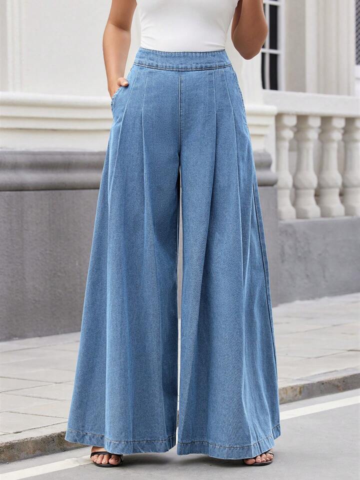 CM-BS082892 Women Casual Seoul Style Light Wash High Waist Pleated Wide-Leg Jeans