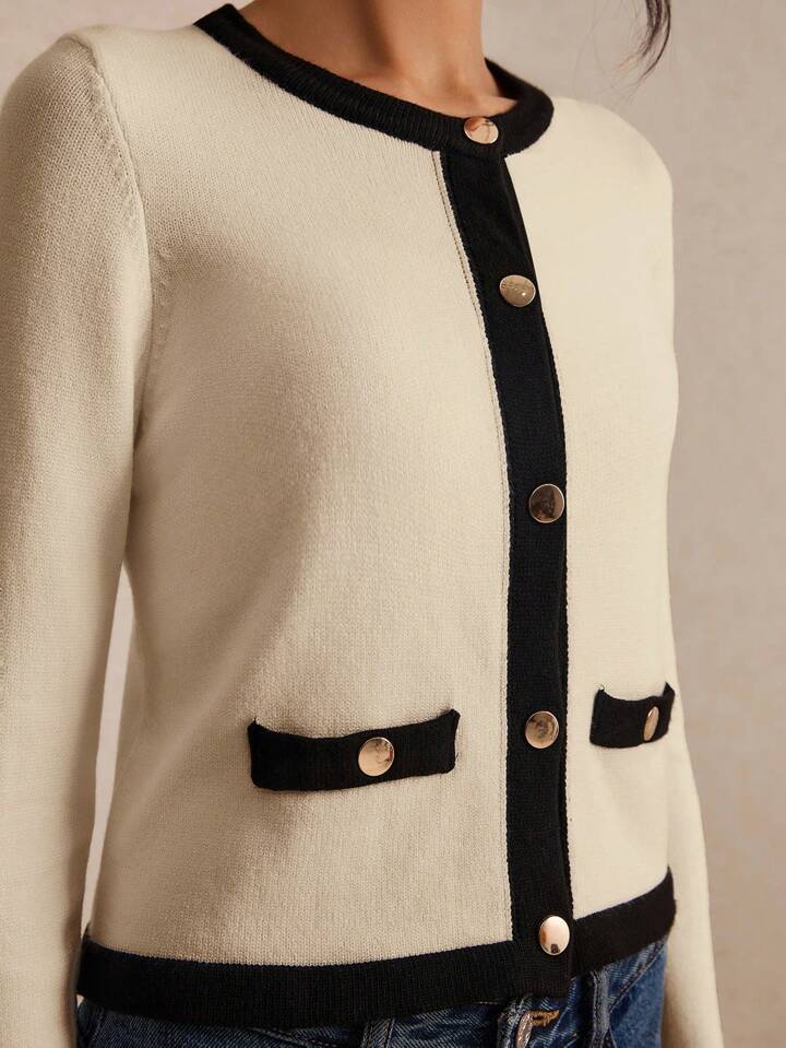 CM-CS885110 Women Casual Seoul Style Color Block Long Sleeve Trim Metal Button Front Knit Cardigan