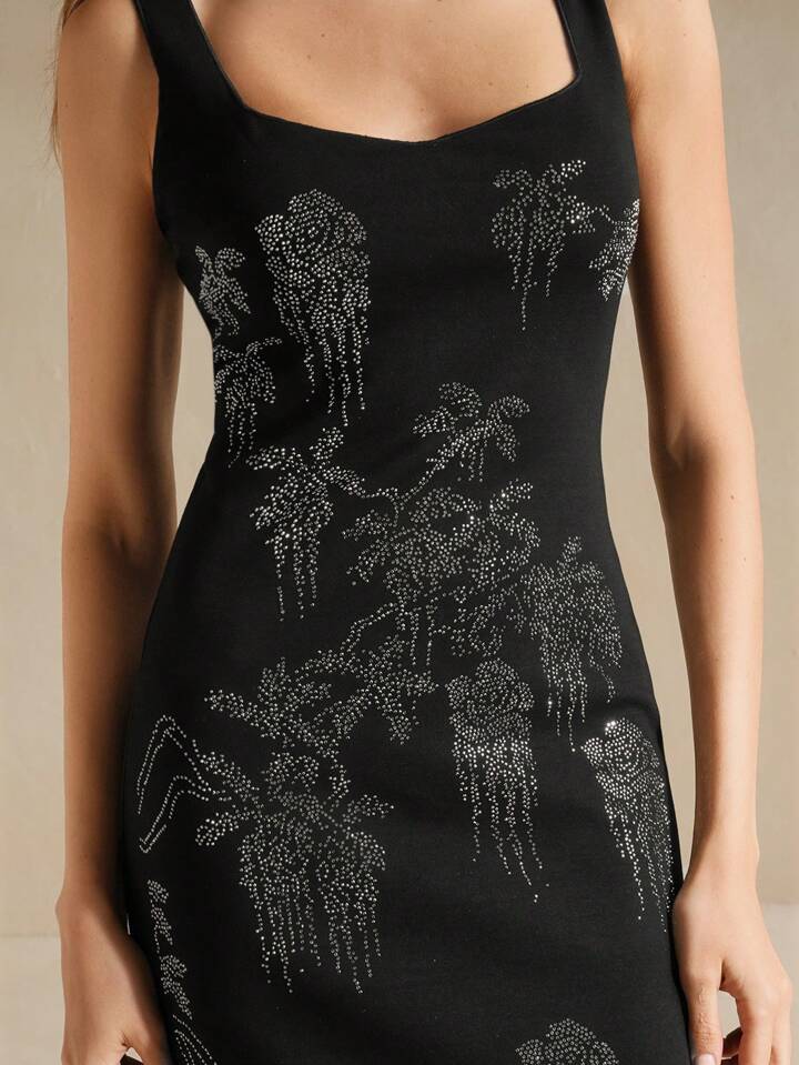 CM-DS417113 Women Elegant Seoul Style Rhinestone Decor Sleeveless Backless Wide Strap Dress - Black