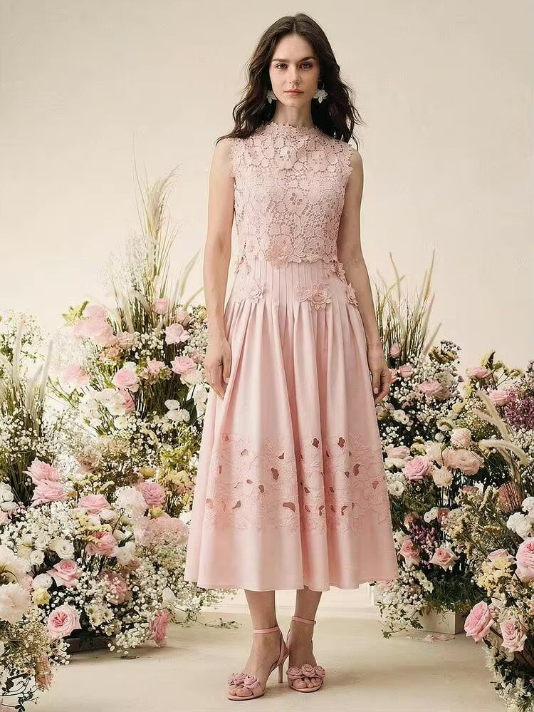 CM-DS194575 Women Elegant Seoul Style Stand Collar Sleeveless Floral Embroidered Lace Midi Dress - Pink