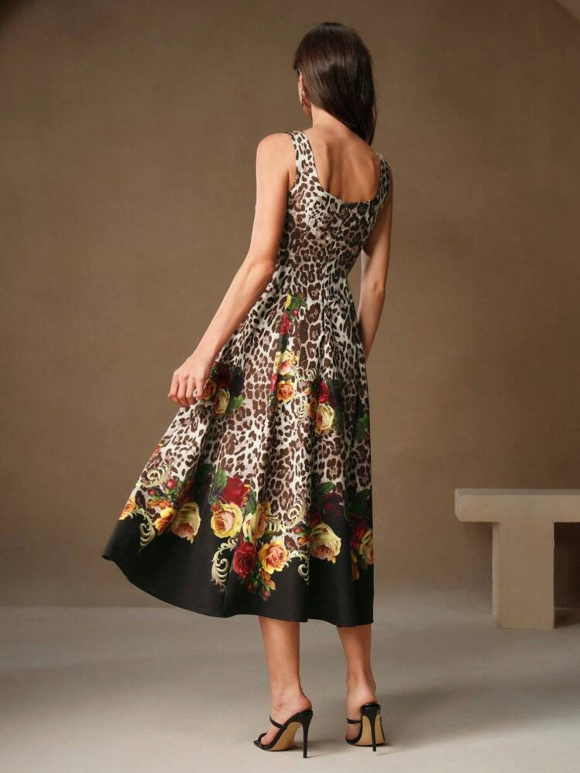 CM-DS668199 Women Elegant Seoul Style Leopard And Floral Print Wide Strap Sleeveless Midi Dress