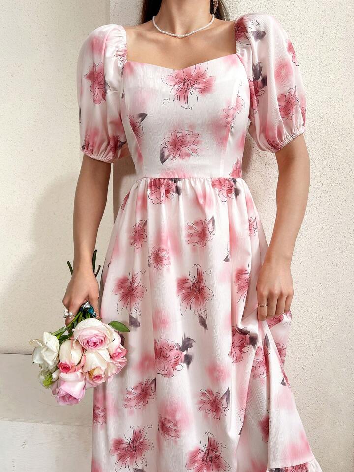 CM-DS703995 Women Casual Seoul Style Floral Print Sweetheart Neckline Ruffle Hem Dress
