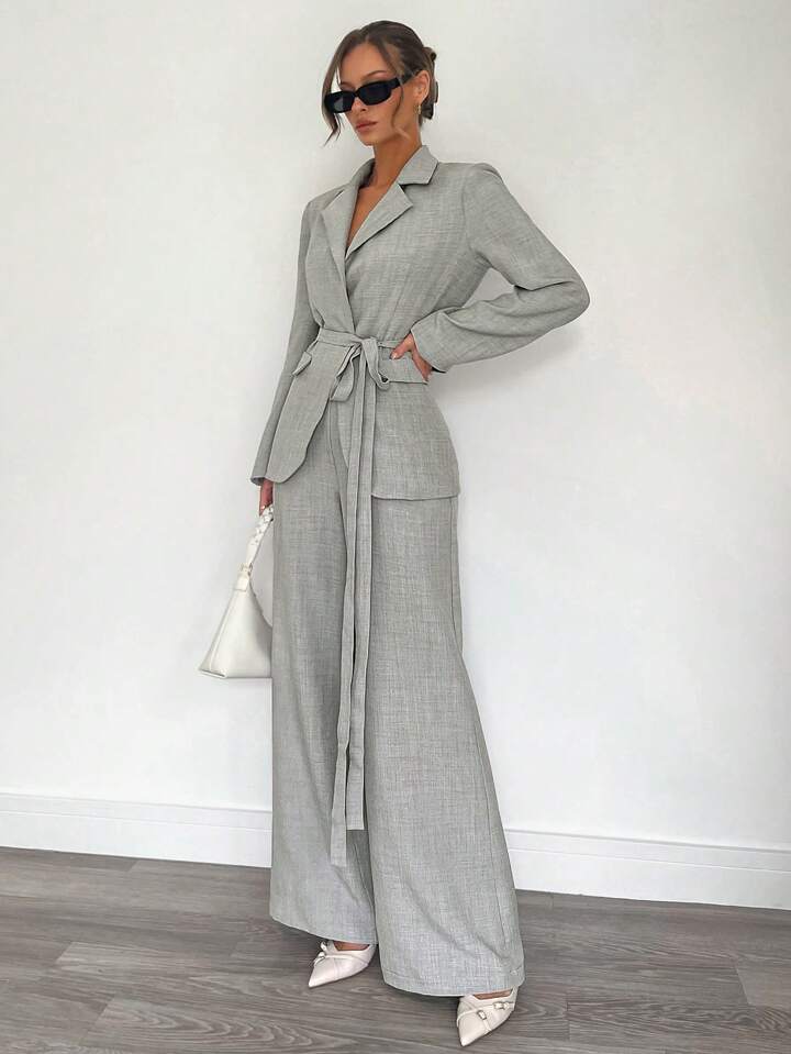 CM-SS205960 Women Elegant Seoul Style Loose Belted Long Sleeve Suit Jacket With Straight Trousers - Set