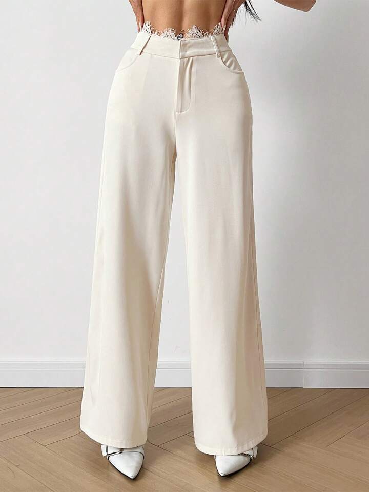 CM-BS936311 Women Casual Seoul Style Lace Patchwork Drop Waist Straight Pants - Apricot