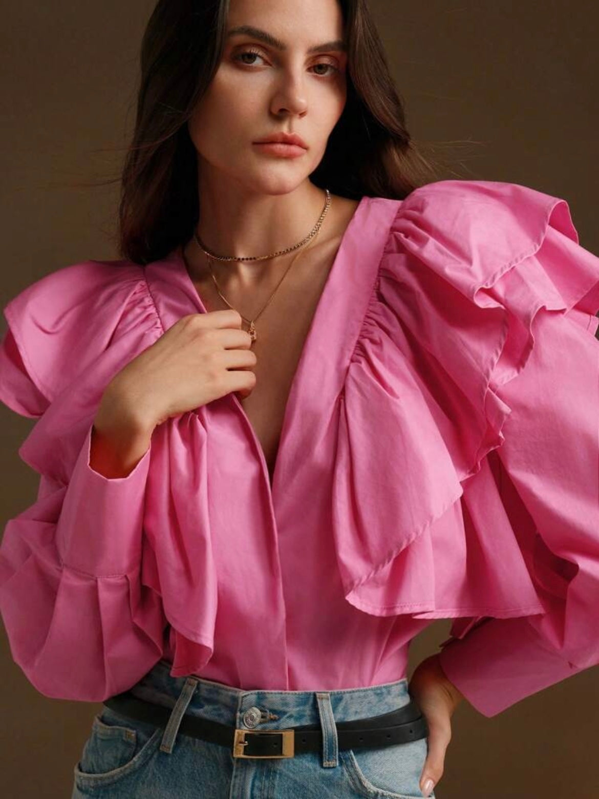 CM-TS799242 Women Elegant Seoul Style Exaggerated Ruffle V-Neck Long Sleeve Blouse - Pink