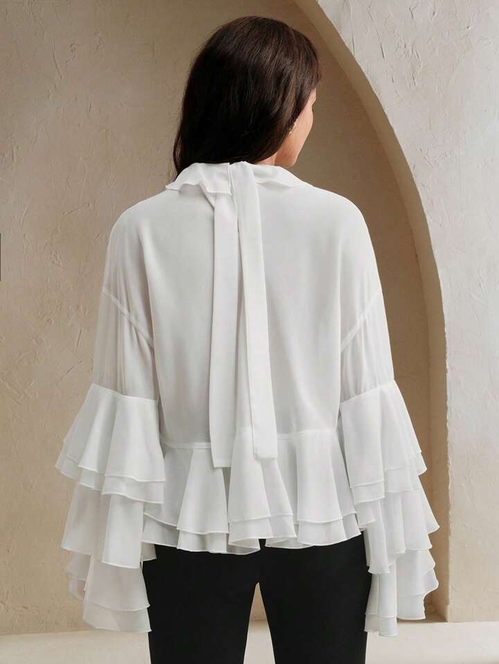CM-TS115271 Women Elegant Seoul Style Flounce Collar Long Sleeve Silk Chiffon Shawl Top Ruffle Hem Loose Blouse