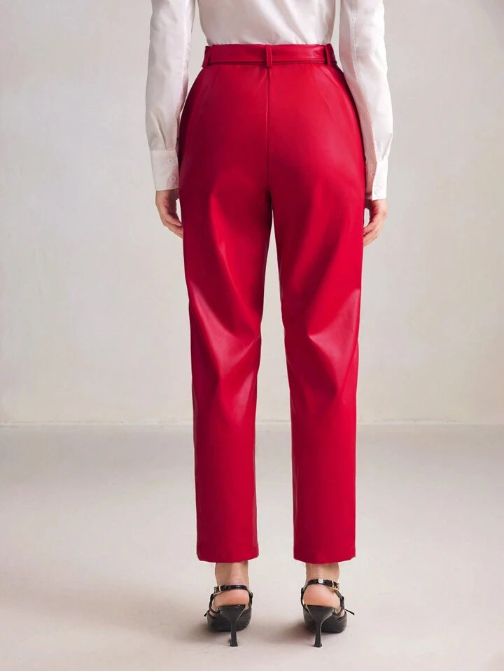 CM-BS973539 Women Elegant Seoul Style High Waist Leather Belted Pencil Pants - Red