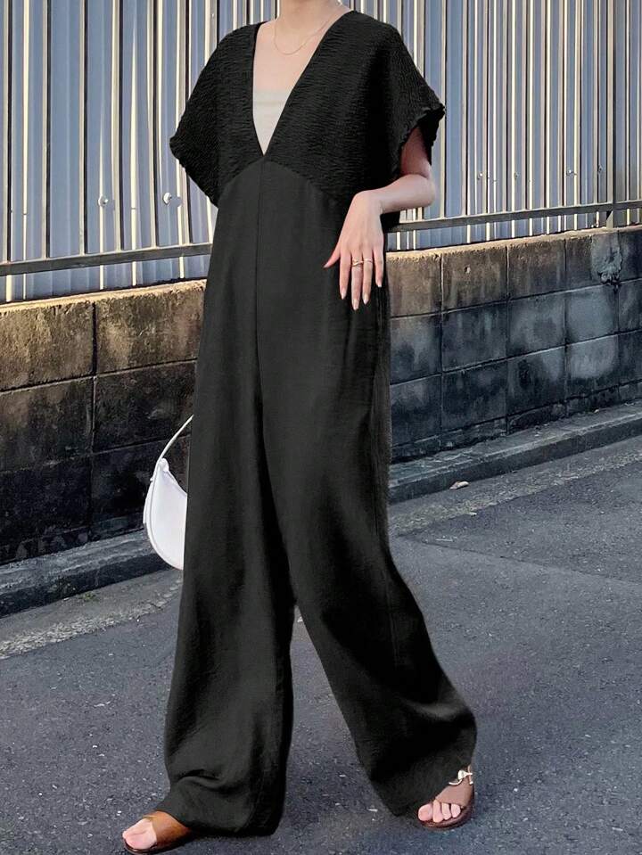 CM-JS610708 Women Trendy Bohemian Style V-Neck With Drawstring Jumpsuit Trousers - Black