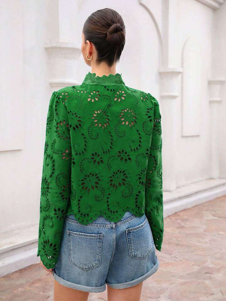 CM-TS773273 Women Trendy Bohemian Style Bowknot Tie Frayed Hem Embroidered Loose Long Sleeve Blouse - Green