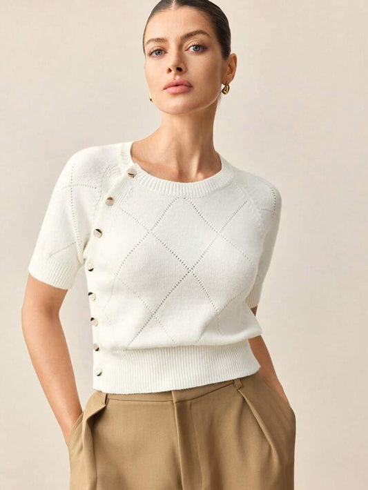 CM-TS942549 Women Casual Seoul Style Solid Color Round Neck Short Sleeve Knit Blouse - White