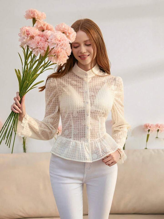 CM-TS612678 Women Elegant Seoul Style Long Sleeve Sheer Mesh Blouse - Beige