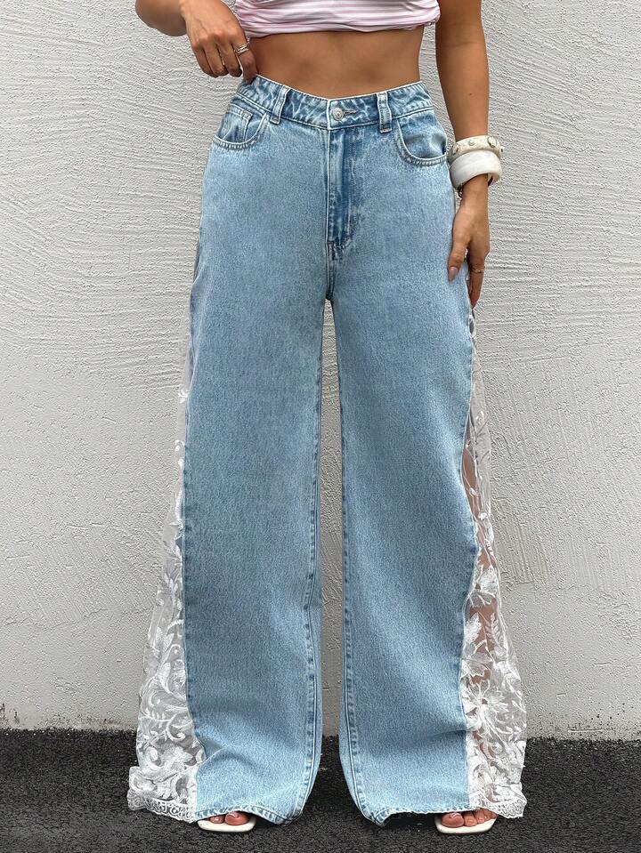 CM-BS984479 Women Casual Seoul Style Lace Patchwork Sheer Loose Denim Wide Leg Pants - Blue