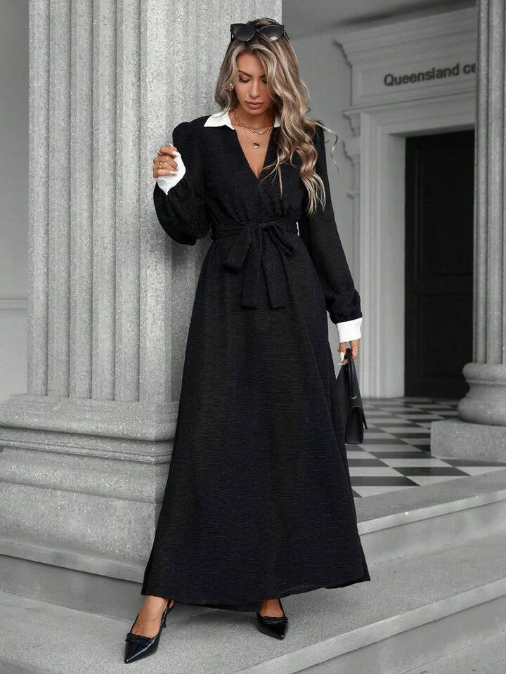 CM-DS489444 Women Elegant Seoul Style Color Block Waist Flattering Long Sleeve Dress