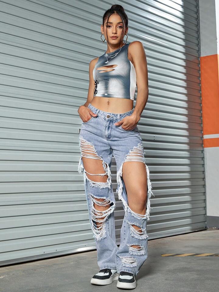 CM-BS382846 Women Casual Seoul Style Light Wash Slant Pocket Distressed Ripped Cut Out Straight Leg Pants