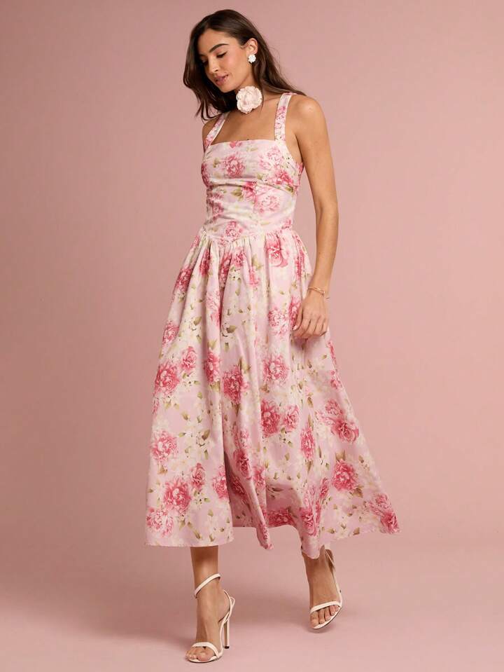 CM-DS532932 Women Elegant Seoul Style Floral Print Sleeveless Big Bowknot Backless Long Dress