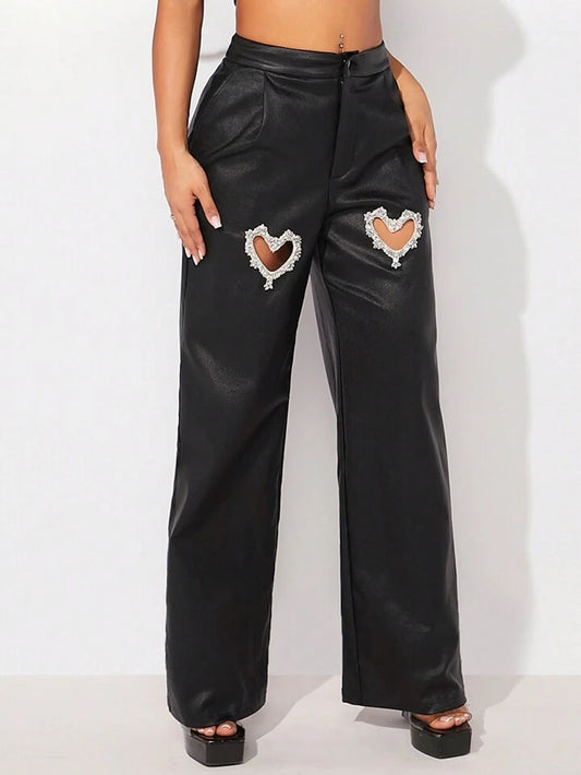 CM-BS512816 Women Elegant Seoul Style Heart Cut-Out Rhinestone Decor Straight Leg Pants - Black