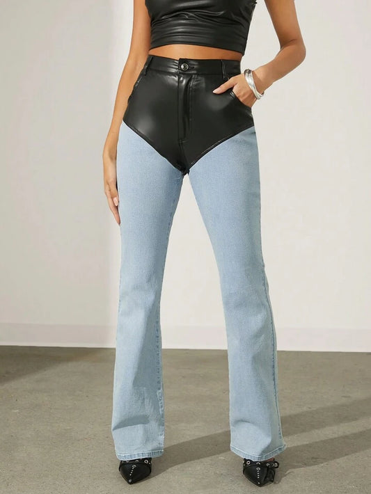 CM-BS693326 Women Casual Seoul Style Light Wash Colorblock PU Spliced Flared Jeans