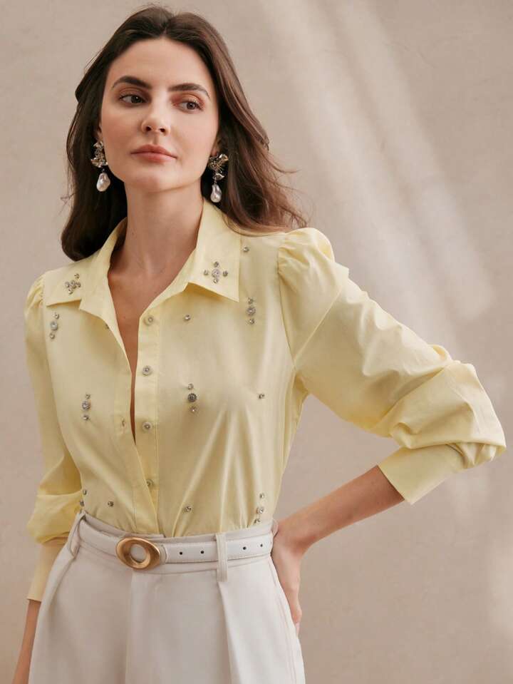 CM-TS115884 Women Elegant Seoul Style Long Sleeve Rhinestone Button Blouse - Yellow