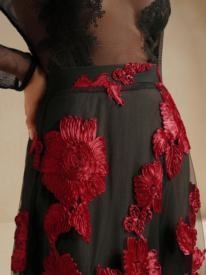 CM-BS333321 Women Elegant Seoul Style Floral Embroidery Mesh High Waist A-Line Skirt