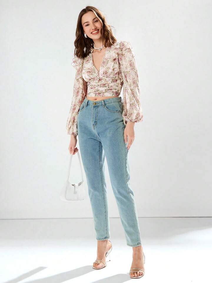 CM-TS226445 Women Casual Seoul Style Floral Print Deep V-Neck Ruffle Trim Long Sleeve Shirt