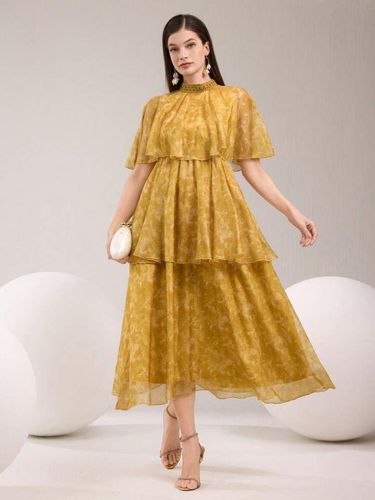 CM-DS651232 Women Elegant Seoul Style Stand Collar Flounce Sleeve Multi-Layered Mid-Length Dress - Yellow