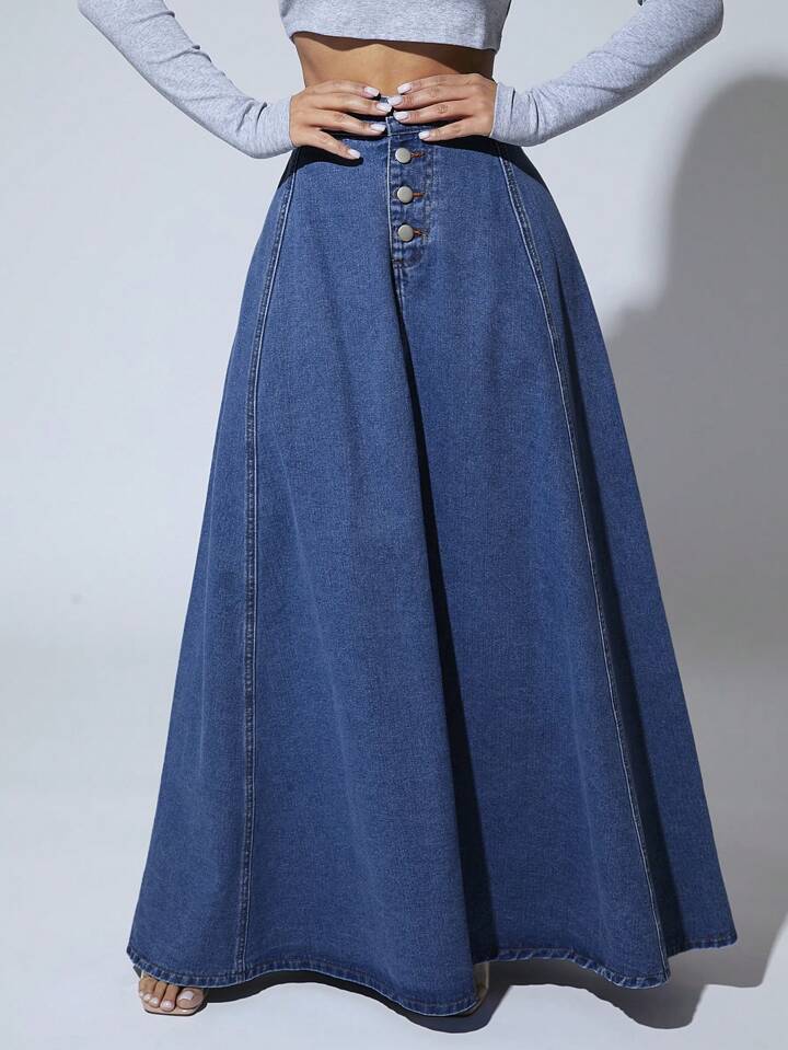 CM-BS749524 Women Casual Seoul Style Medium Wash High Waist Button Front Extra Long Denim Skirt