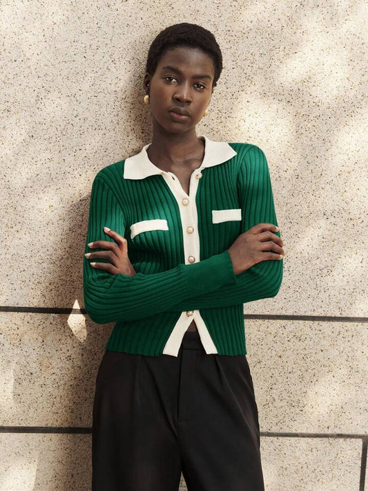 CM-CS190799 Women Casual Seoul Style Collar Neckline Long Sleeve Colorblock Knitted Sweater - Green