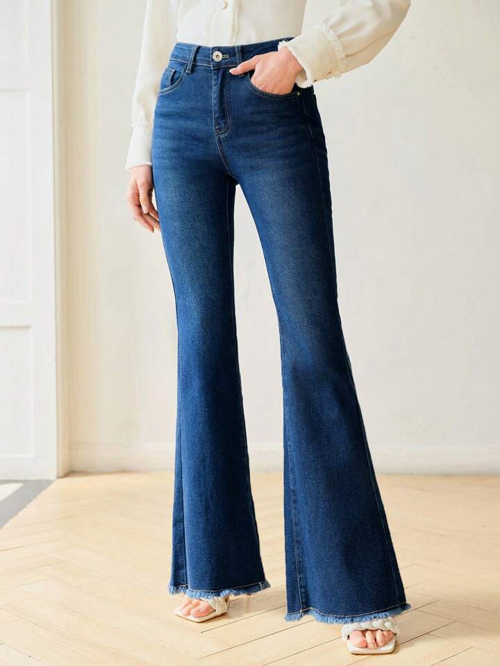 CM-BS661571 Women Elegant Seoul Style Raw Hem Extra Long Flare Leg Jeans - Blue