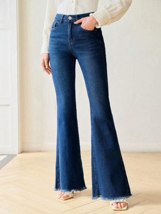 CM-BS661571 Women Elegant Seoul Style Raw Hem Extra Long Flare Leg Jeans - Blue