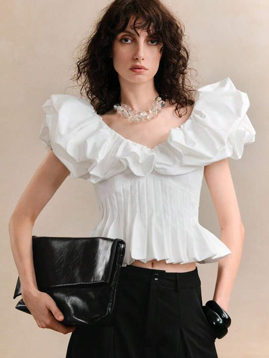 CM-TS573713 Women Elegant Seoul Style Wide V-Neck Puff Neck Pleated Cinched Waist Asymmetrical Blouse - White