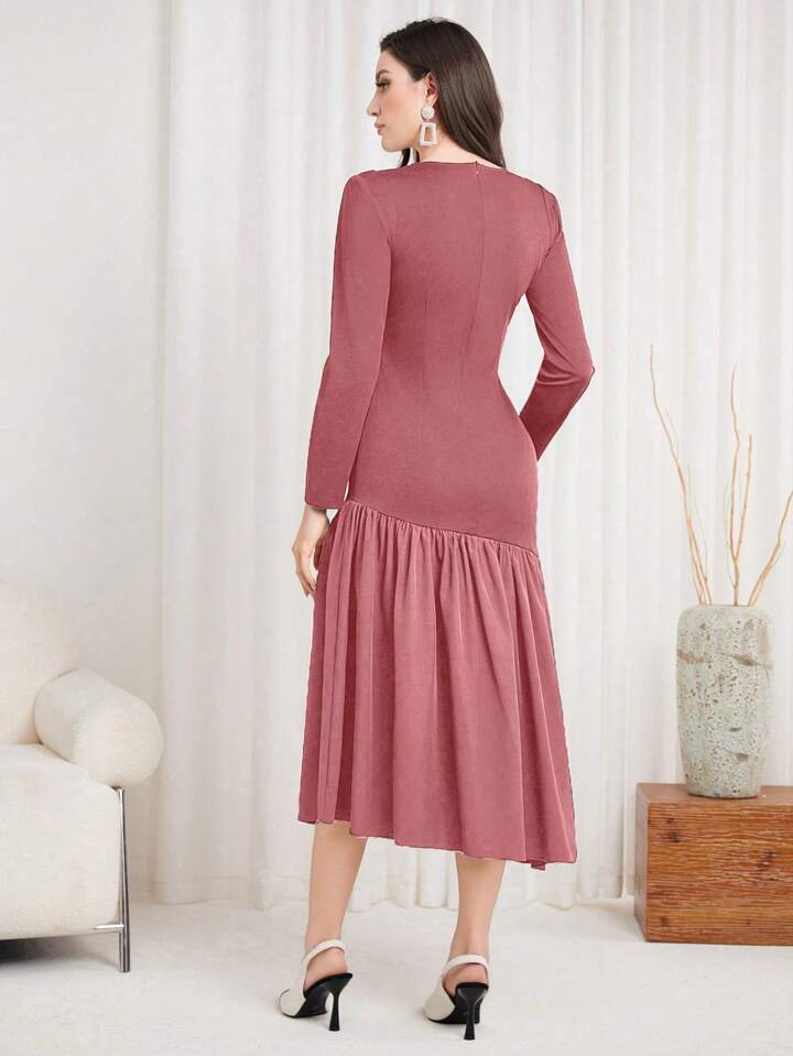CM-DS185754 Women Casual Seoul Style Sweetheart Neckline Long Sleeve Ruffle Hem Midi Dress - Pink