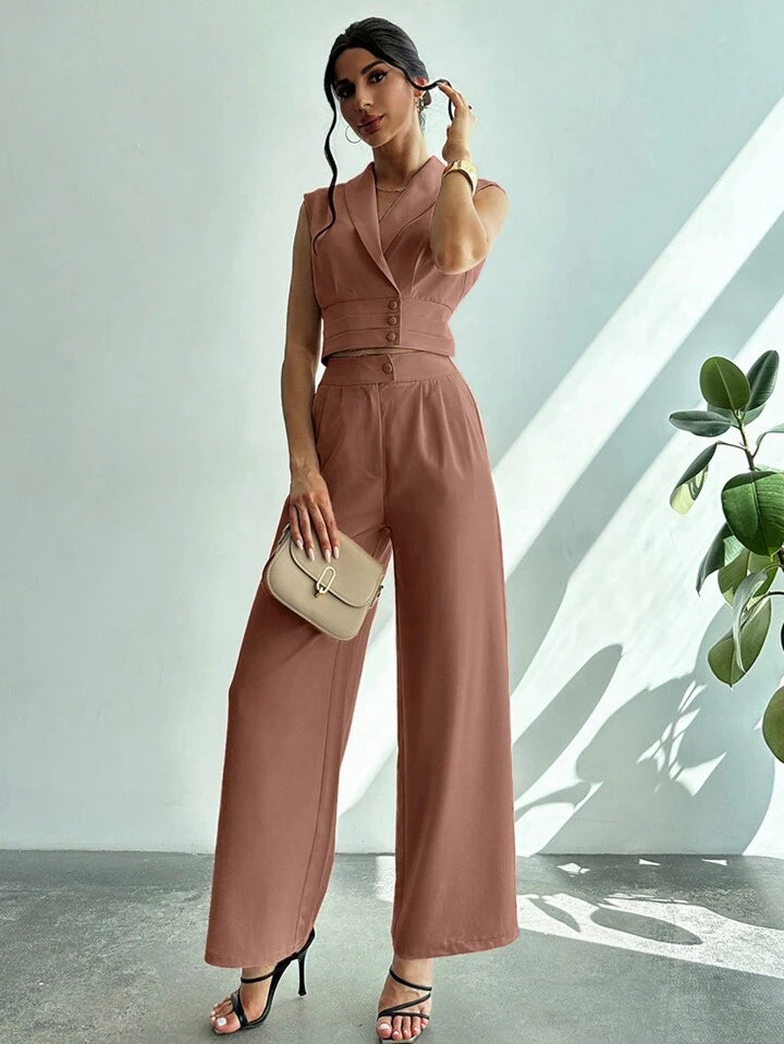 CM-SS414674 Women Elegant Seoul Style Collared Fitted Cap Sleeve Shirt With Straight-Leg Pants Suit - Khaki