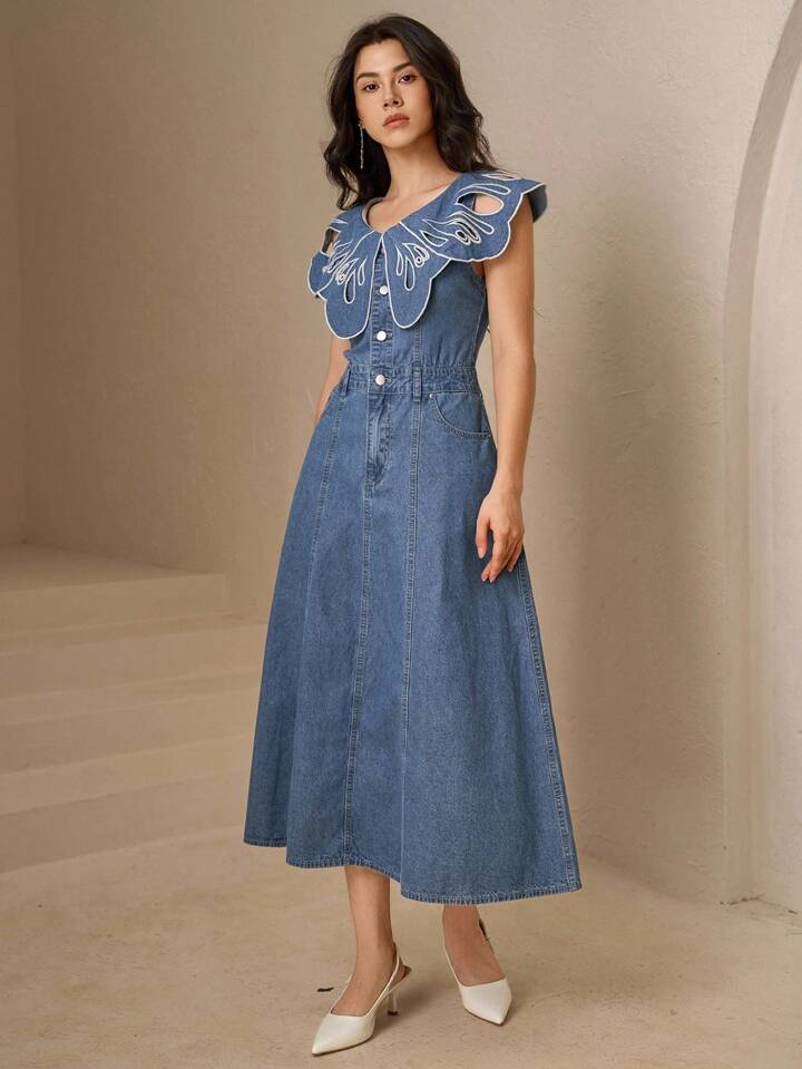 CM-DS084902 Women Elegant Seoul Style Light Wash Hollow Out V-Neck Collar Flounce Sleeve Denim Dress