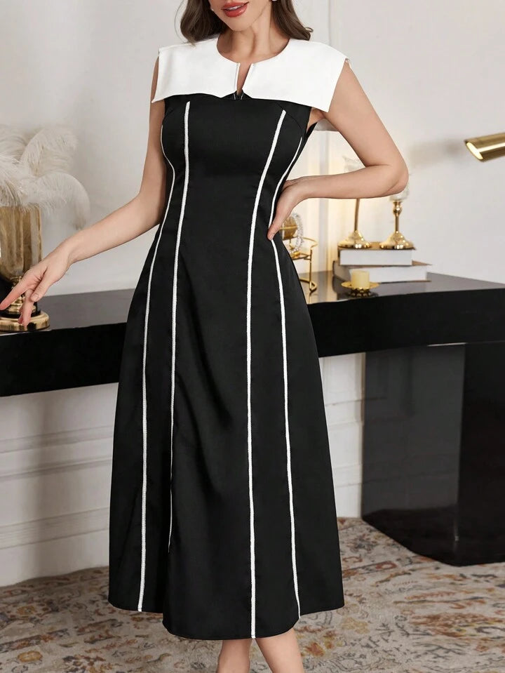 CM-DS160677 Women Elegant Seoul Style Notched Neckline Sleeveless Color Blocked A-Line Dress