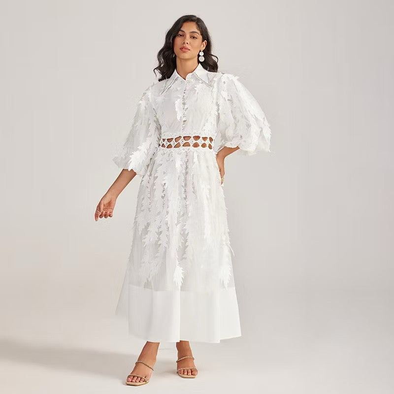 CM-DY055505 Women Elegant European Style Collar Rhinestone Neckline Half Sleeve Hollow Out Long Dress - White
